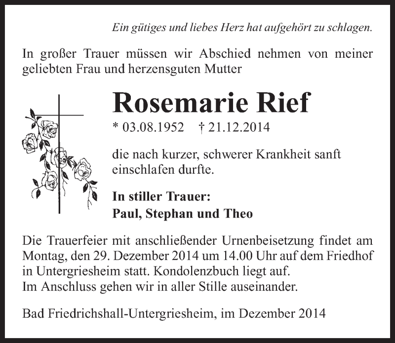 Traueranzeige für Rosemarie Rief vom 24.12.2014 aus 