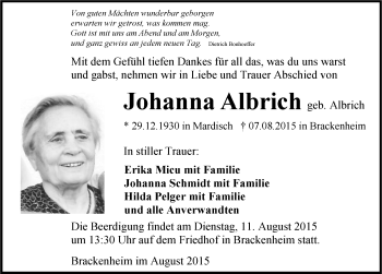 Traueranzeige von Johanna Albrich 