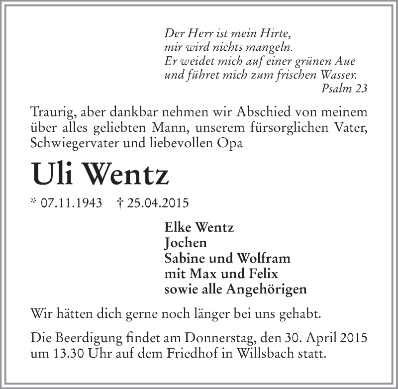  Traueranzeige für Uli Wentz vom 27.04.2015 aus 