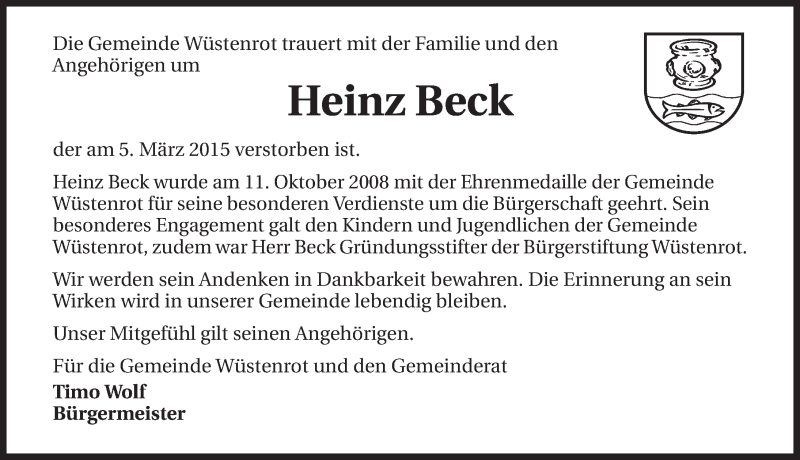  Traueranzeige für Heinz Beck vom 11.03.2015 aus 