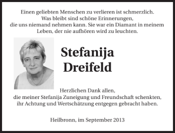 Traueranzeige von Stefanija Dreifeld 