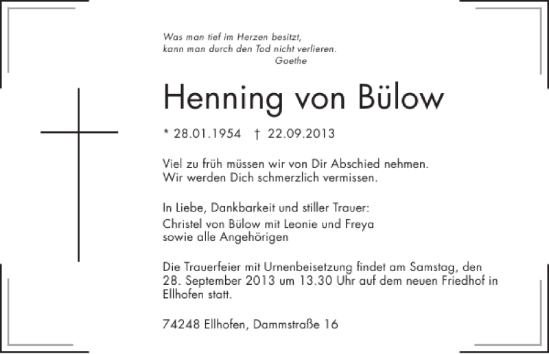  Traueranzeige für Henning von Bülow vom 25.09.2013 aus 