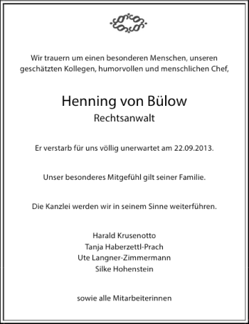 Traueranzeige von Henning von Bülow 