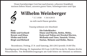 Traueranzeige von Wilhelm Weinberger 