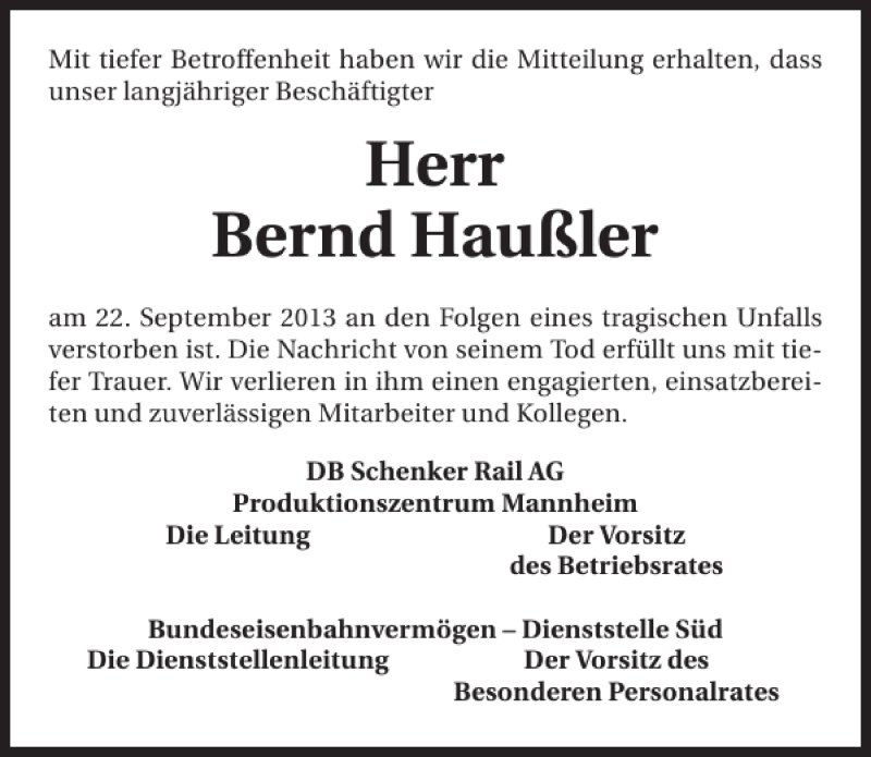  Traueranzeige für Bernd Haußler vom 26.09.2013 aus 