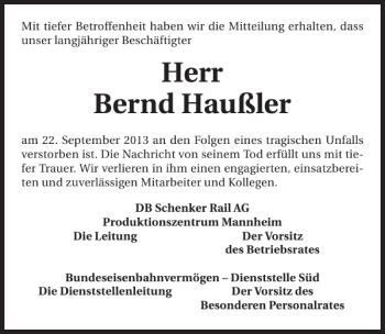 Traueranzeige von Bernd Haußler 