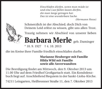 Traueranzeige von Barbara Merle 