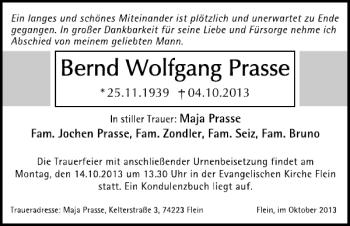 Traueranzeige von Bernd Prasse 