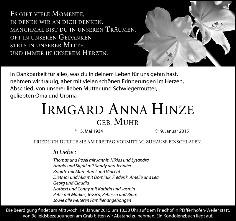  Traueranzeige für Imgard Anna Hinze vom 12.01.2015 aus 