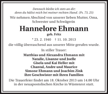 Traueranzeige von Hannelore Ehmann 