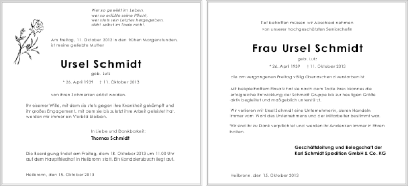  Traueranzeige für Ursel Schmidt vom 15.10.2013 aus 