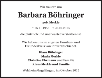 Traueranzeige von Barbara Böhringer 