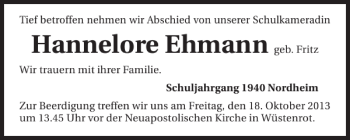 Traueranzeige von Hannelore Ehmann 