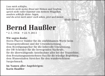 Traueranzeige von Bernd Haußler 