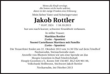 Traueranzeige von Jakob Rottler 