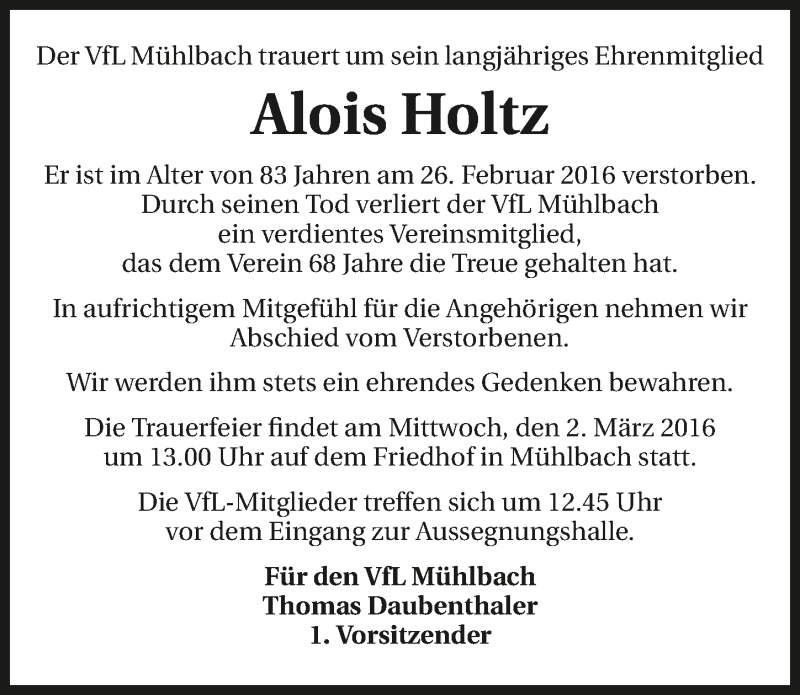  Traueranzeige für Alois Holtz vom 01.03.2016 aus 