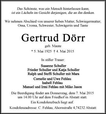 Traueranzeige von Gertrud Dörr 