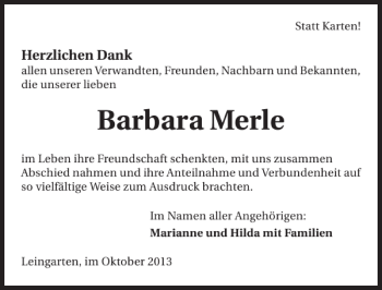 Traueranzeige von Barbara Merle 