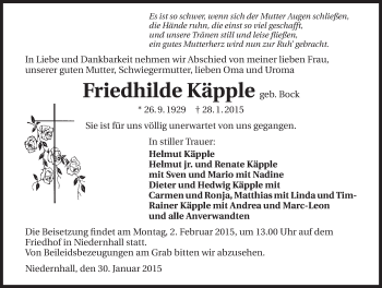 Traueranzeige von Friedhilde Käpple 