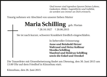 Traueranzeige von Maria Schilling 