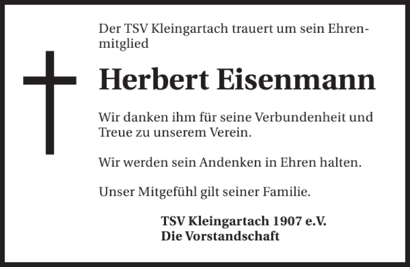 Traueranzeigen Von Herbert Eisenmann Www Trauerundgedenken De