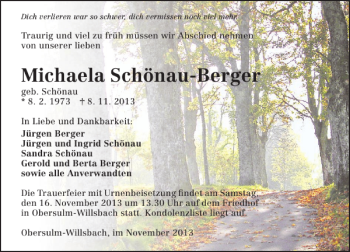 Traueranzeige von Schönau-Berger Michaela 