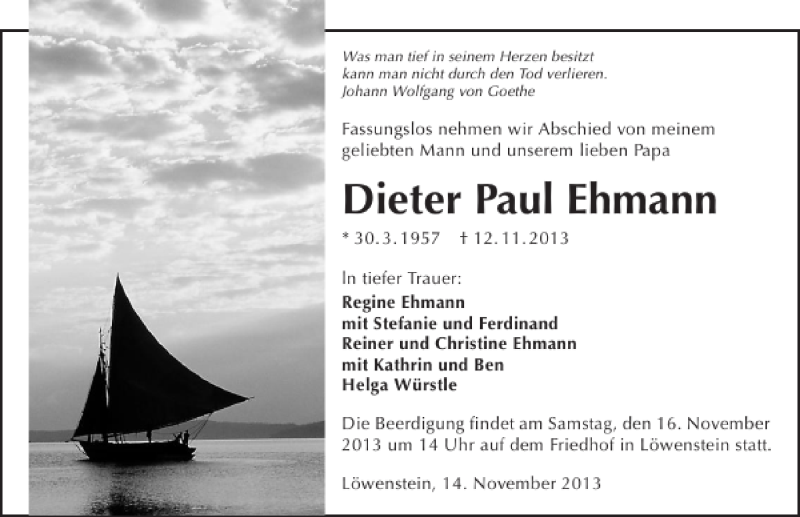  Traueranzeige für Dieter Paul Ehmann vom 14.11.2013 aus 