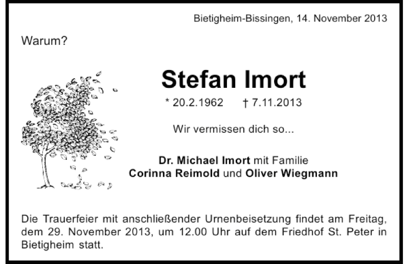  Traueranzeige für Stefan Imort vom 14.11.2013 aus 