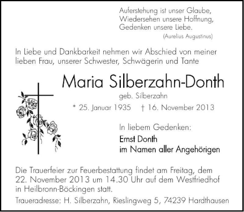  Traueranzeige für Maria Silberzahn-Donth vom 19.11.2013 aus 