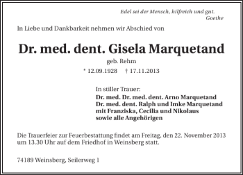 Traueranzeige von Dr.med.dent.Gisela Marquetand 