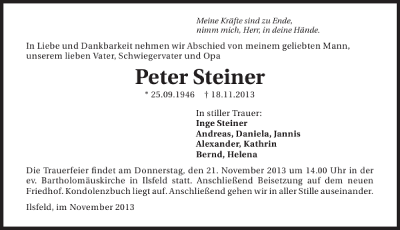  Traueranzeige für Peter Steiner vom 20.11.2013 aus 