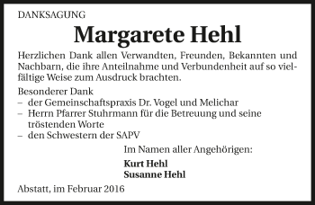 Traueranzeige von Margarete Hehl 