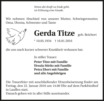 Traueranzeige von Gerda Titze 