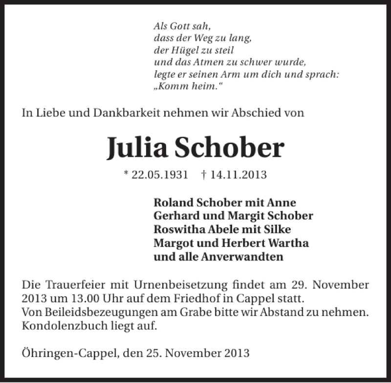 Traueranzeigen Von Julia Schober Trauerundgedenkende