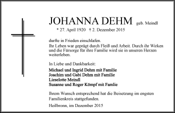 Traueranzeige von Johanna Dehm 