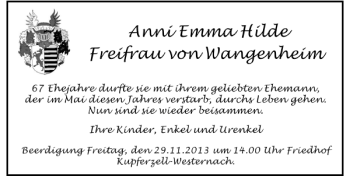 Traueranzeige von Anni Emma Hilde Freifrau von Wangenheim 