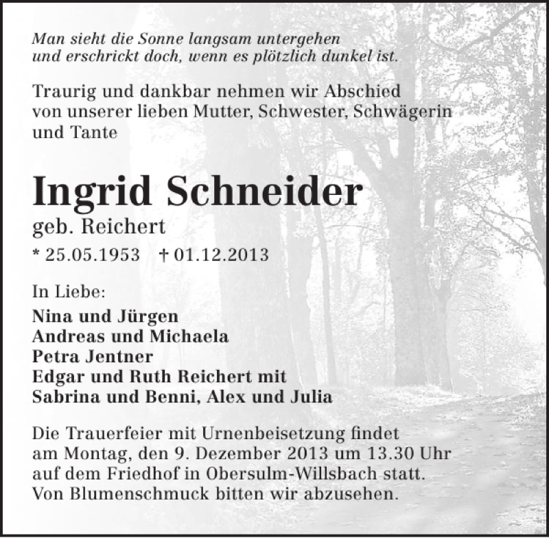 Traueranzeigen Von Ingrid Schneider Www Trauerundgedenken De