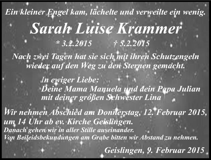  Traueranzeige für Sarah Luise Krammer vom 09.02.2015 aus 