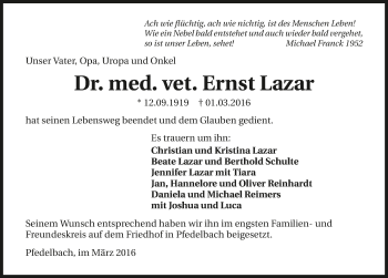 Traueranzeige von Ernst Lazar 