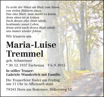 Traueranzeige von Maria-Luise Tremmel 