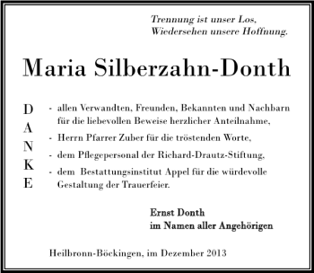 Traueranzeige von Maria Silberzahn-Donth 