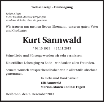 Traueranzeige von Kurt Sannwald 