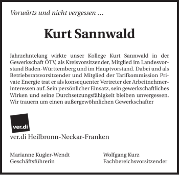 Traueranzeige von Kurt Sannwald 