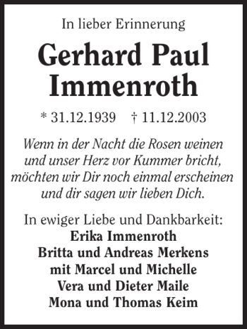 Traueranzeige von Gerhard Paul Immenroth 