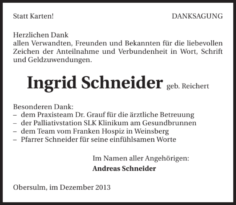 Traueranzeigen Von Ingrid Schneider Www Trauerundgedenken De