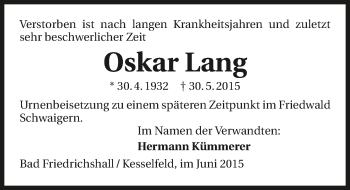 Traueranzeige von Oscar Lang 