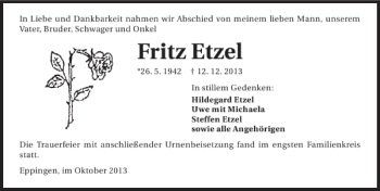 Traueranzeige von Etzel Fritz 