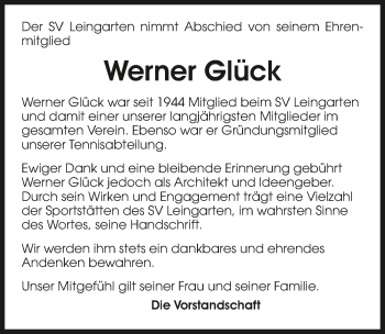 Traueranzeige von Werner Glück 