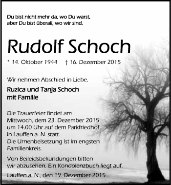 Traueranzeige von Rudolf Schoch 