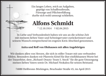 Traueranzeige von Alfons Schmidt 